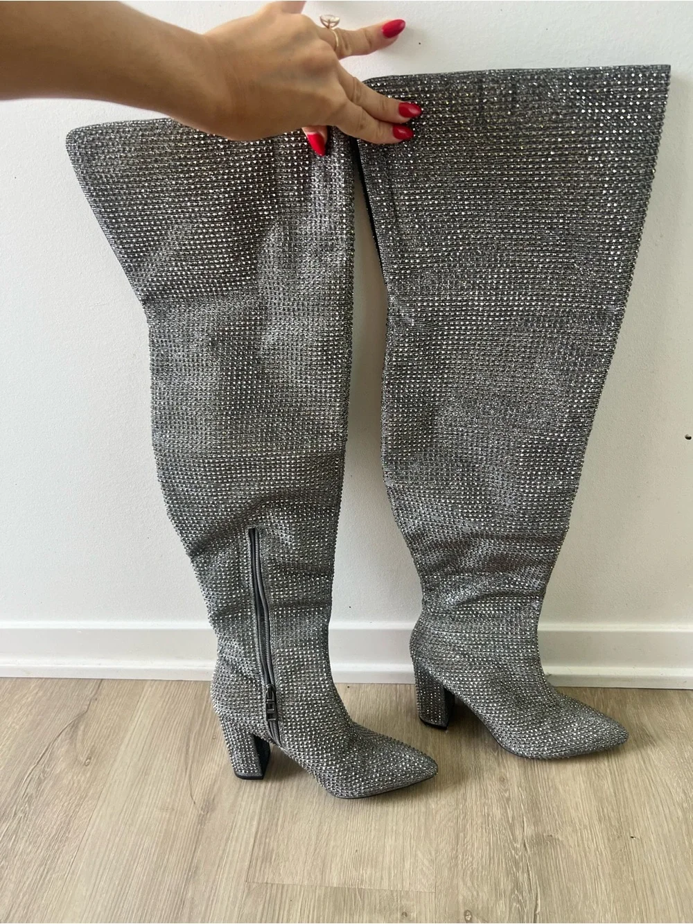 Silver Rhinestone Over-the-Knee Block Heel Boots